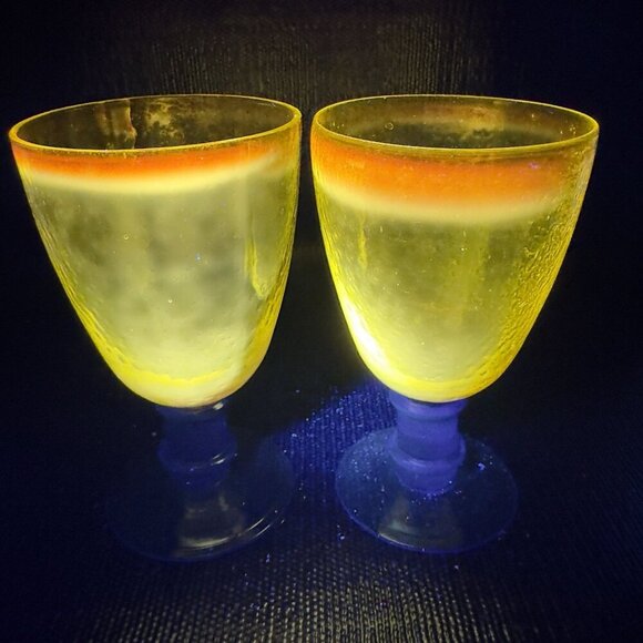 Cadmium UV Glowing Glass Goblets Cups Set 2 Yellow Top Blue Stem Textured Cups - Picture 15 of 16